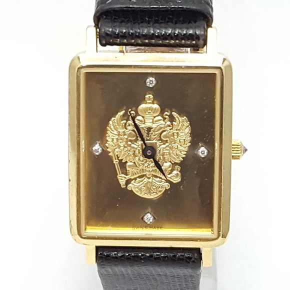 18kt Yellow Gold Franklin Mint Royal Crest Tank Leather Band Men's Watch 24mm - Picture 1 of 11